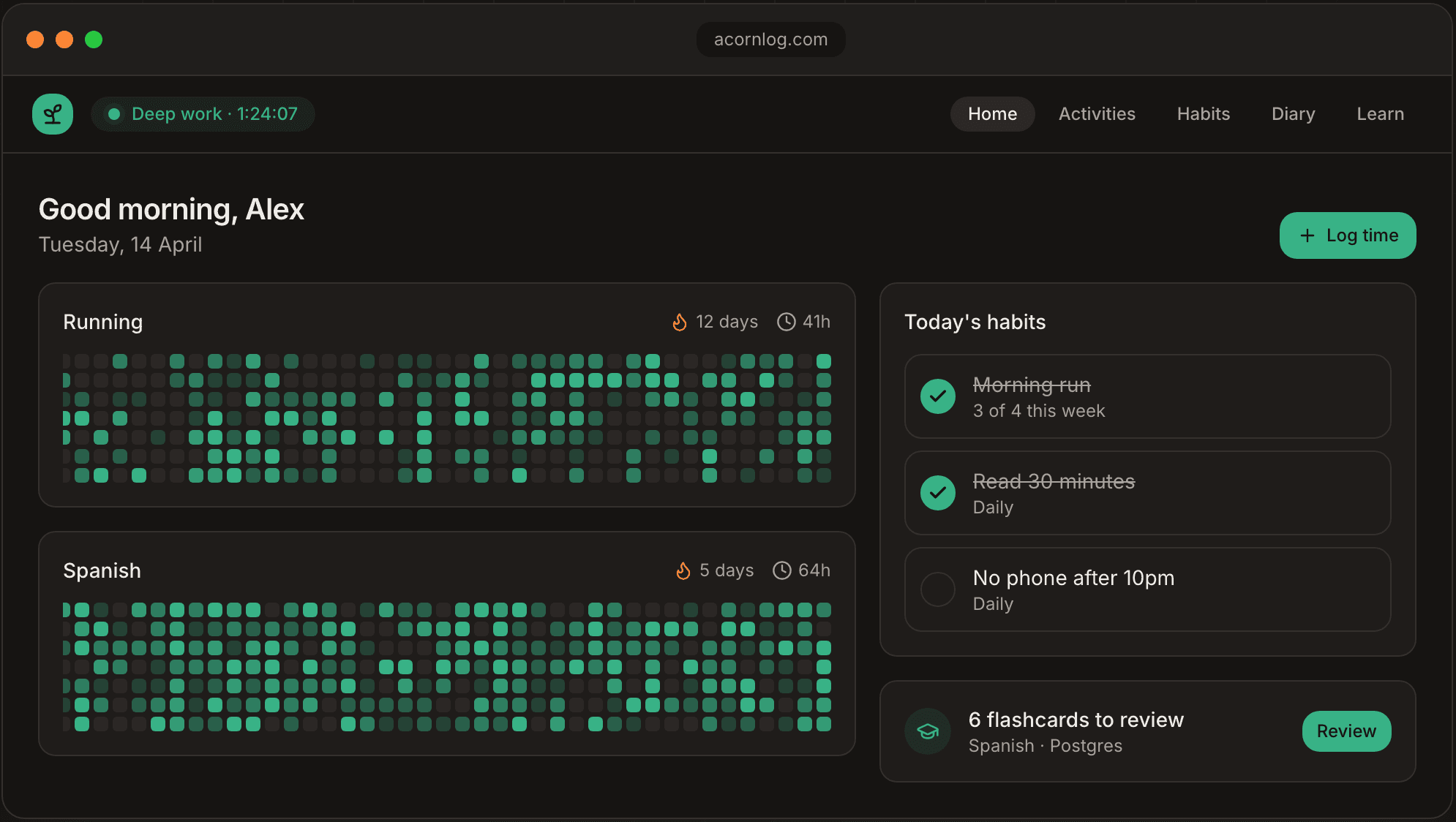 Screenshot of the Acornlog home screen showing activity heatmaps, today's habits, and flashcards to review