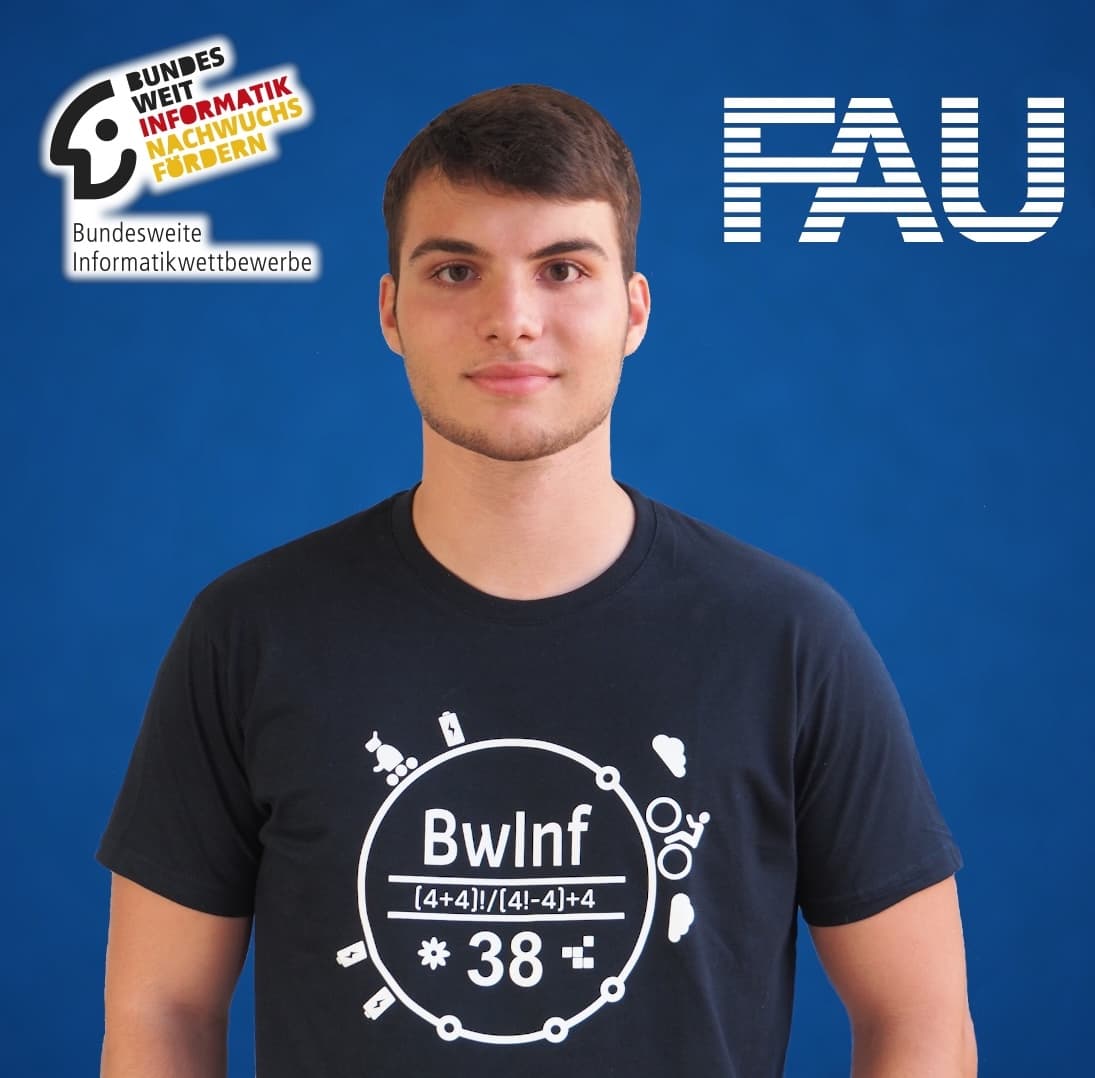 Lukas in a Bundeswettbewerb Informatik shirt at the final round