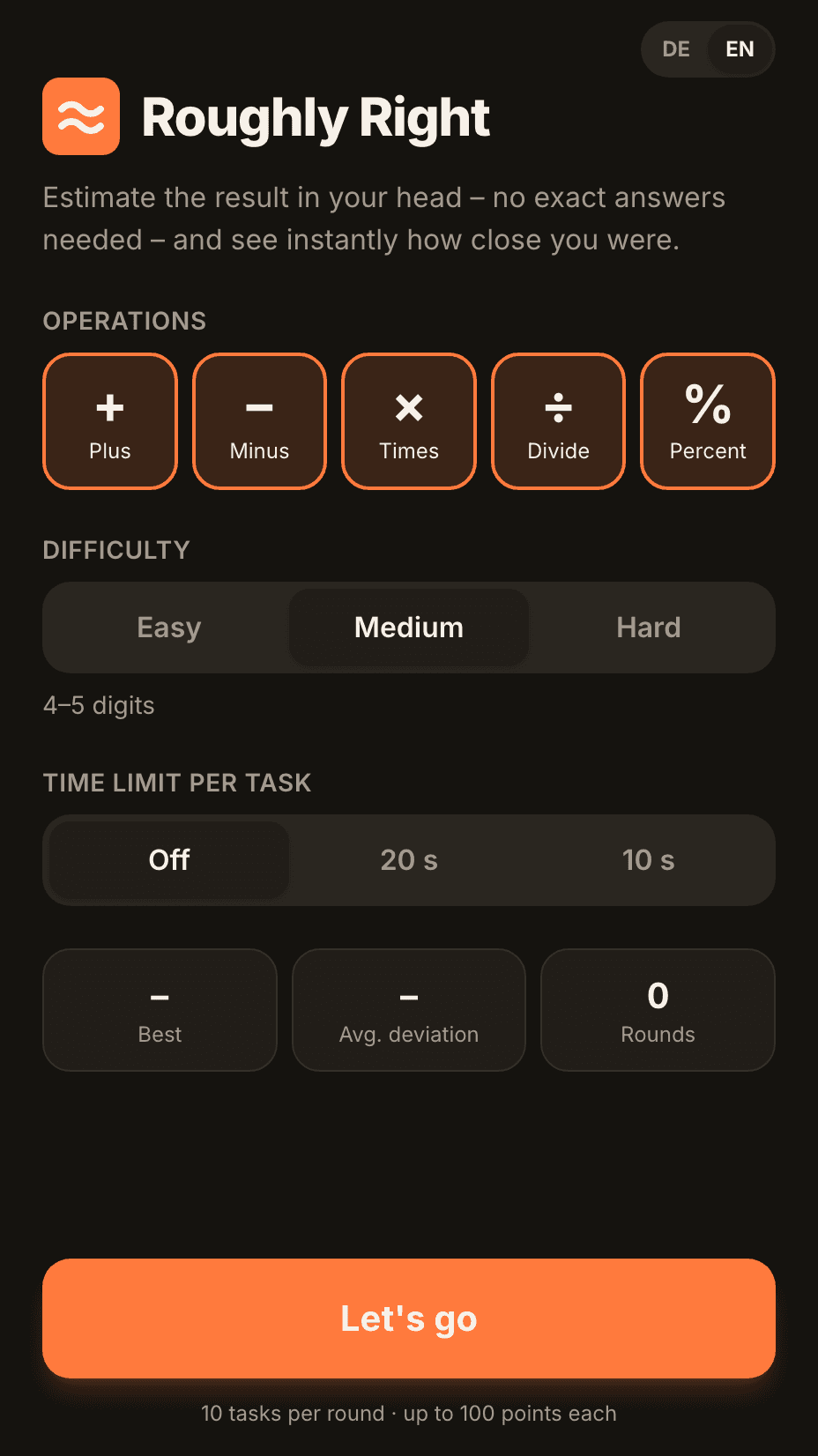 Screenshot of Roughly Right showing the round setup with operations, difficulty, and time limit options