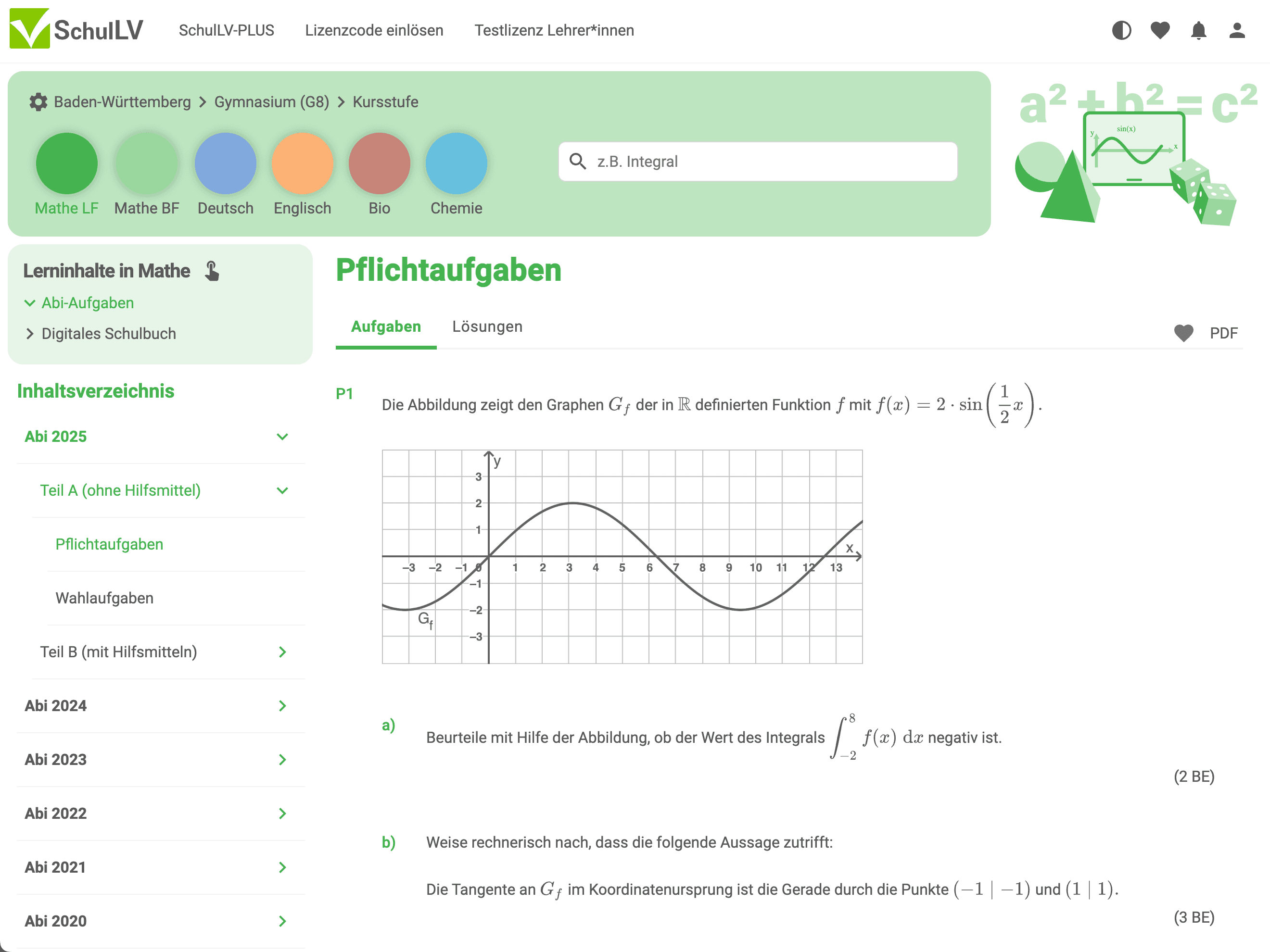 Screenshot of the SchulLV learning platform showing a maths exercise